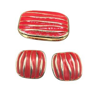 Weekender Bold Red and Gold Tone Stripes Jewelry, Vintage Pendant Brooch